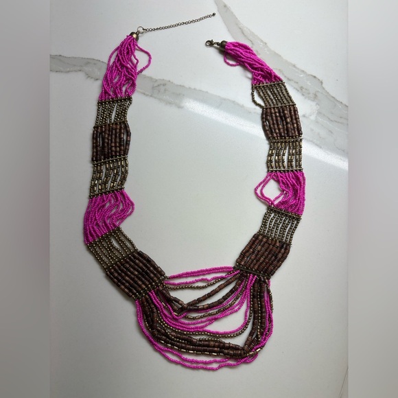Vibrant Pink and Brown beaded Statement Necklace - Picture 5 of 5